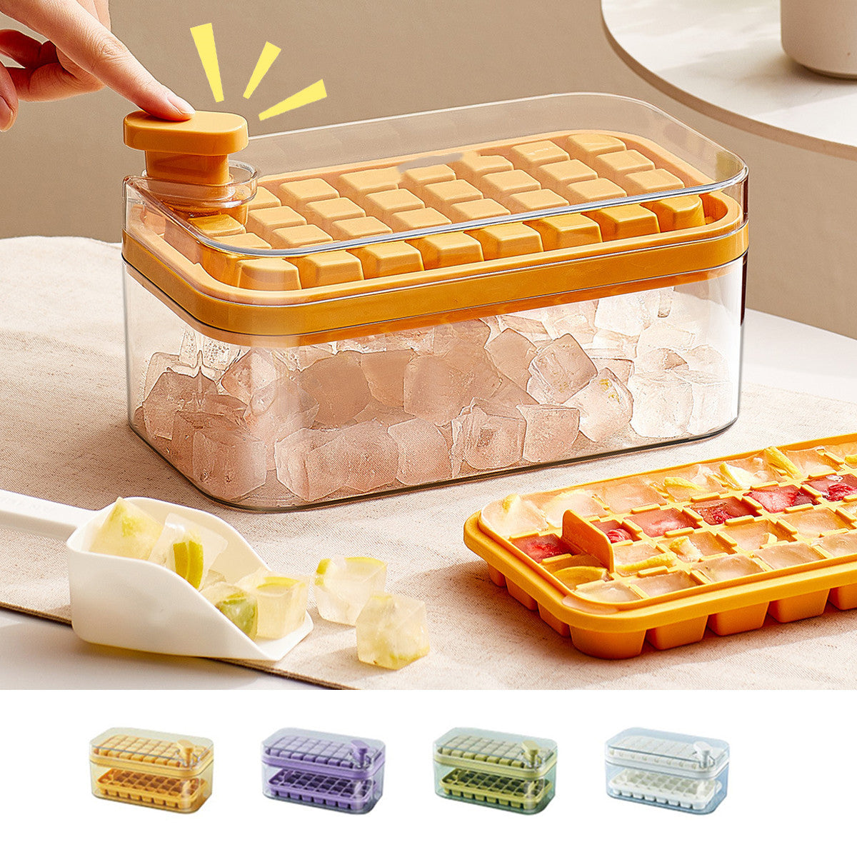 One-Button Press Ice Cube Maker Tray with Lid and Storage Box